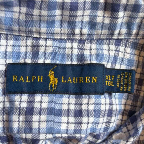 Ralph Lauren Button Down Shirt Light Blue Plaid Cotton Classic Preppy Size XLT - Picture 3 of 4